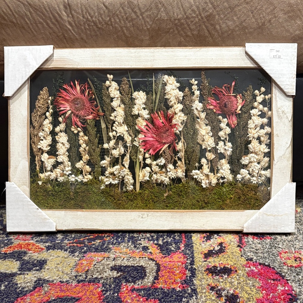 Wood Framed Pressed Flower Art with Pink and White Flowers